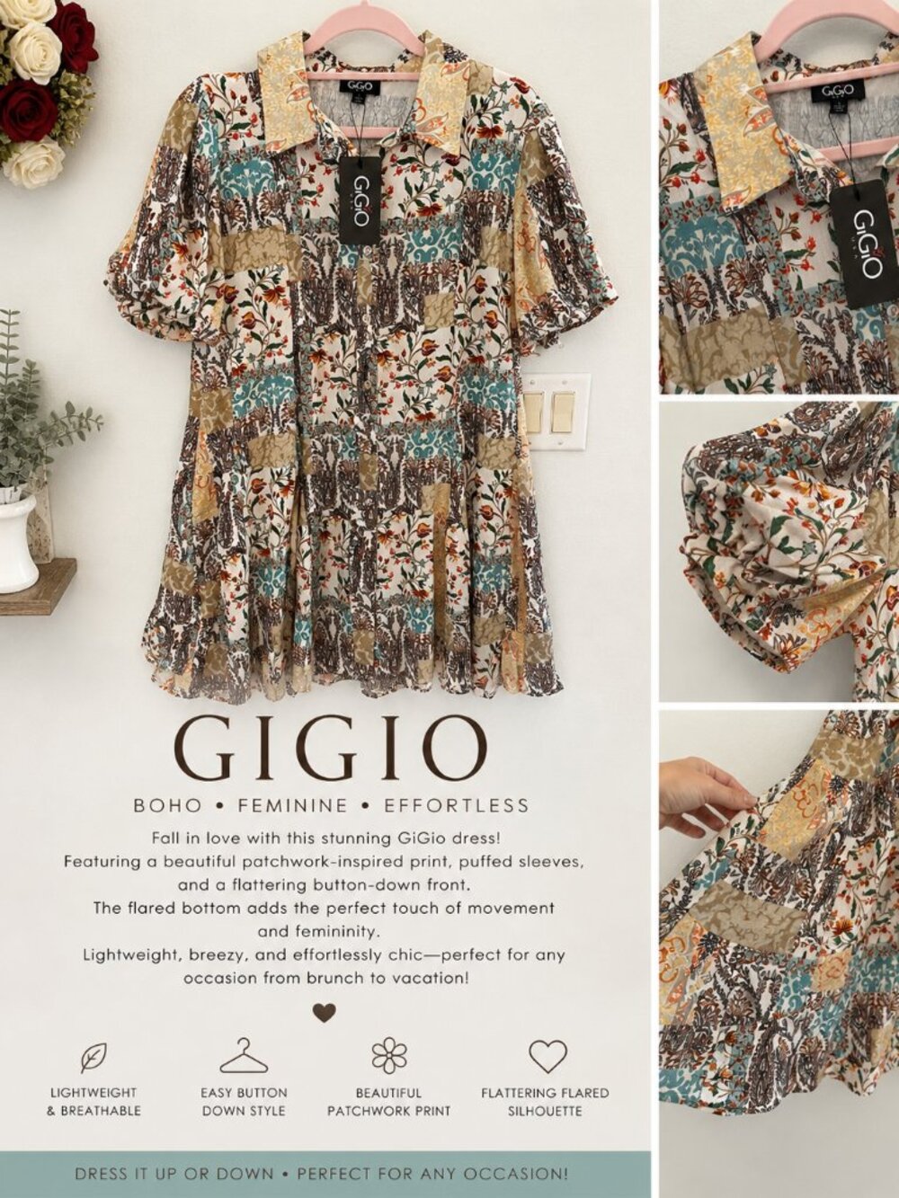 GiGio Patchwork Look Boho Dress | Button Down Flowy